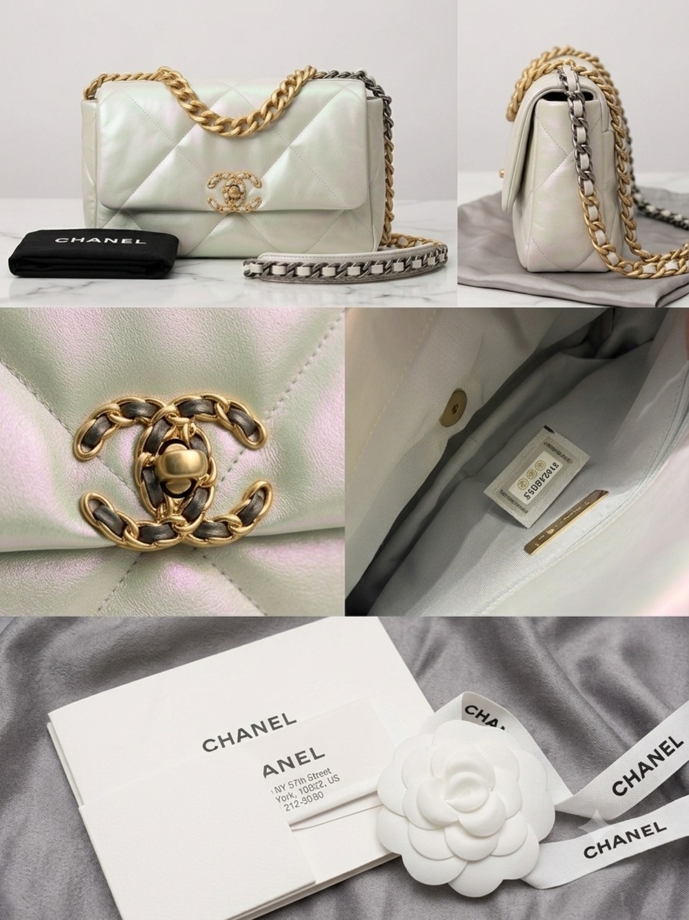 Authentic Chanel 19 Flap Bag Medium – Iridescent White Pearlescent Calfskin